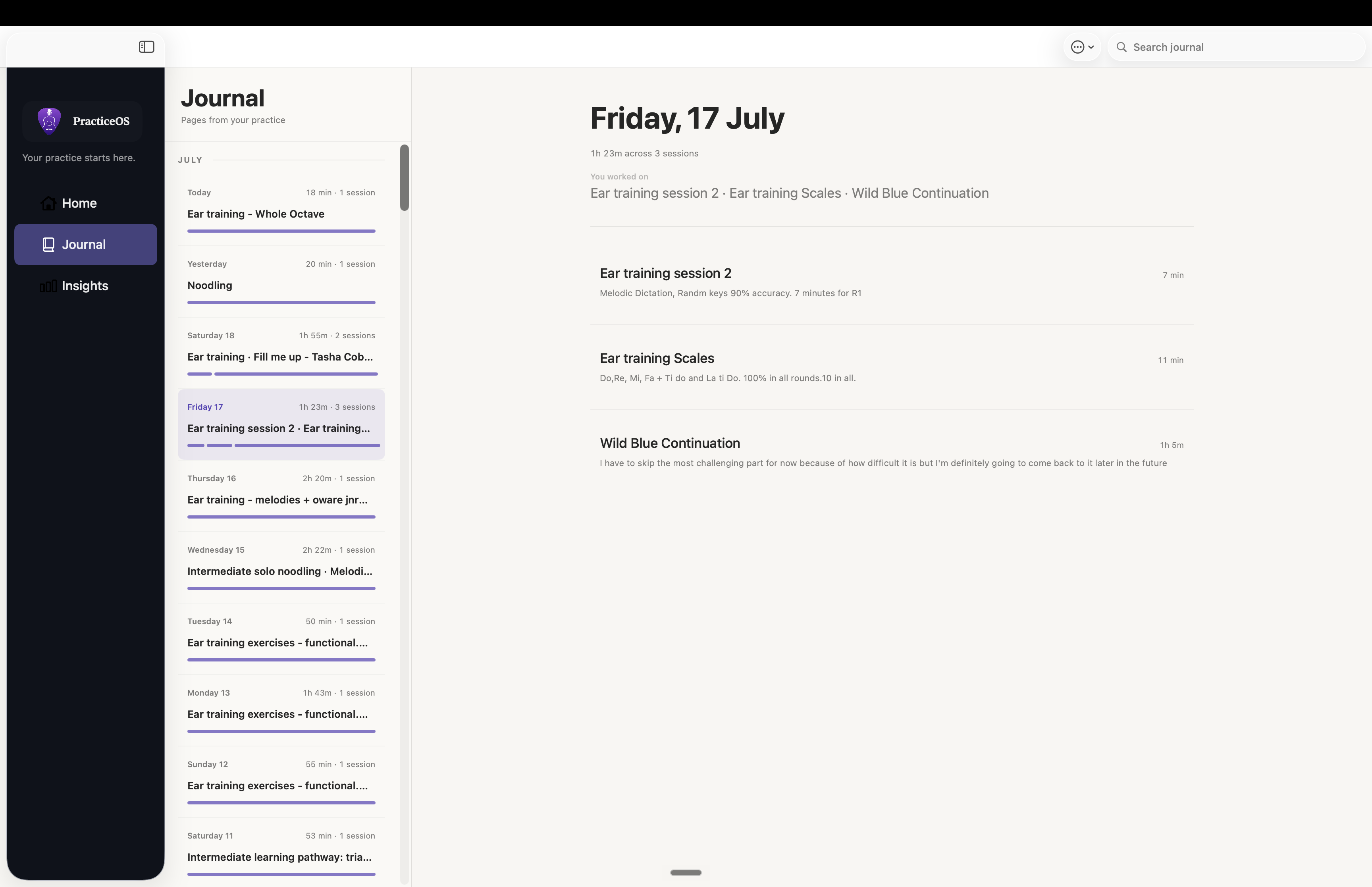 PracticeOS journal view showing practice entries, session notes, and time spent